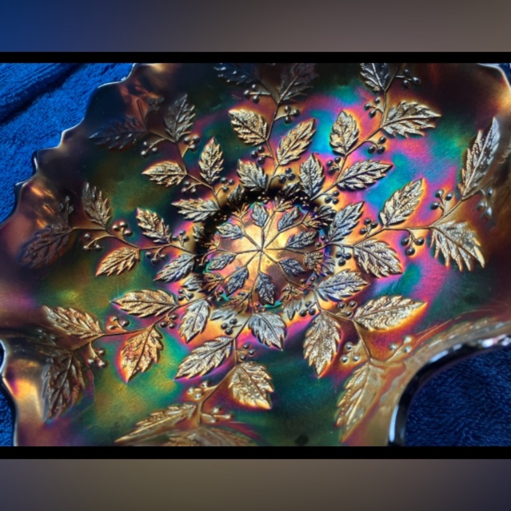 Fenton Cobalt Blue Carnival Iridescent Holly Leaf & Berries Glass Art Bowl